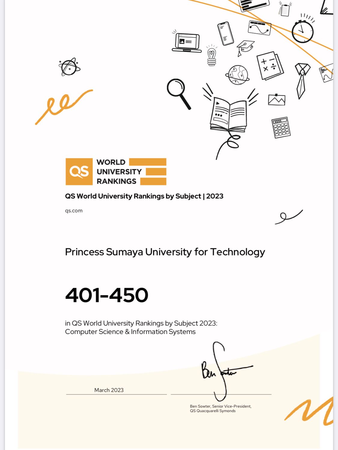 Princess Sumaya University for Technology comes first among Jordanian private universities in the QS Subject Ranking for all its Computer Science and Information Systems majors