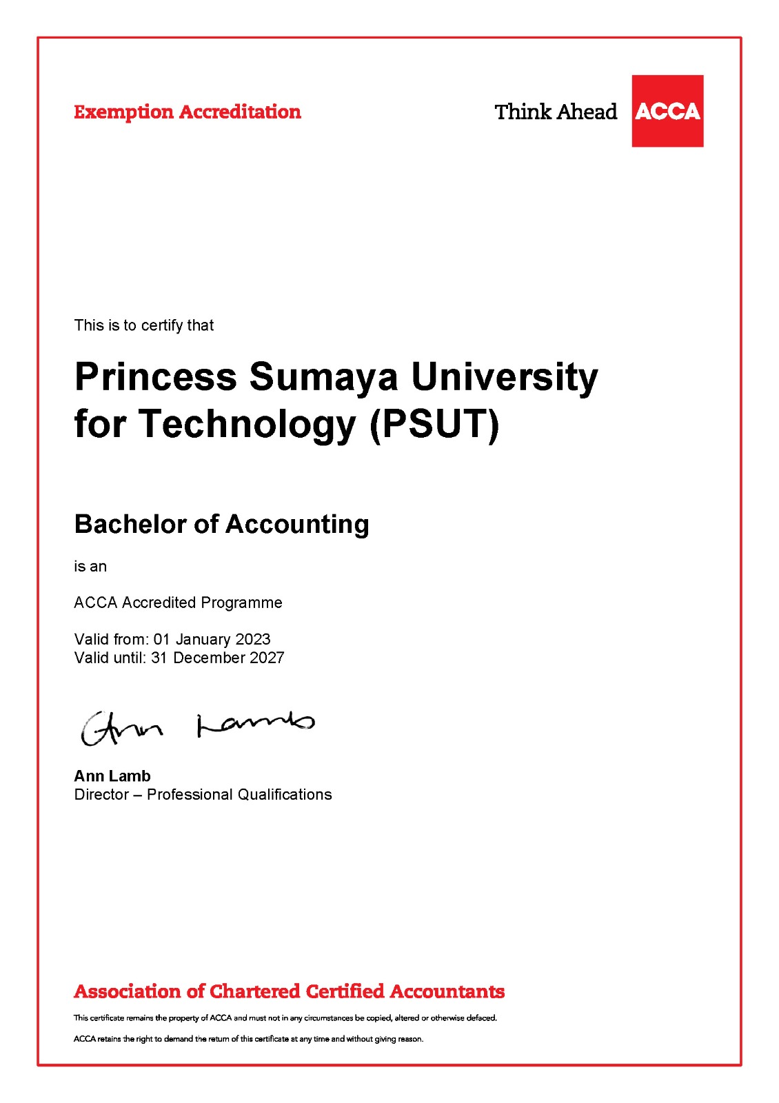 The Accounting Program at PSUT received the Association of Chartered Certified Accountants (ACCA) global accreditation