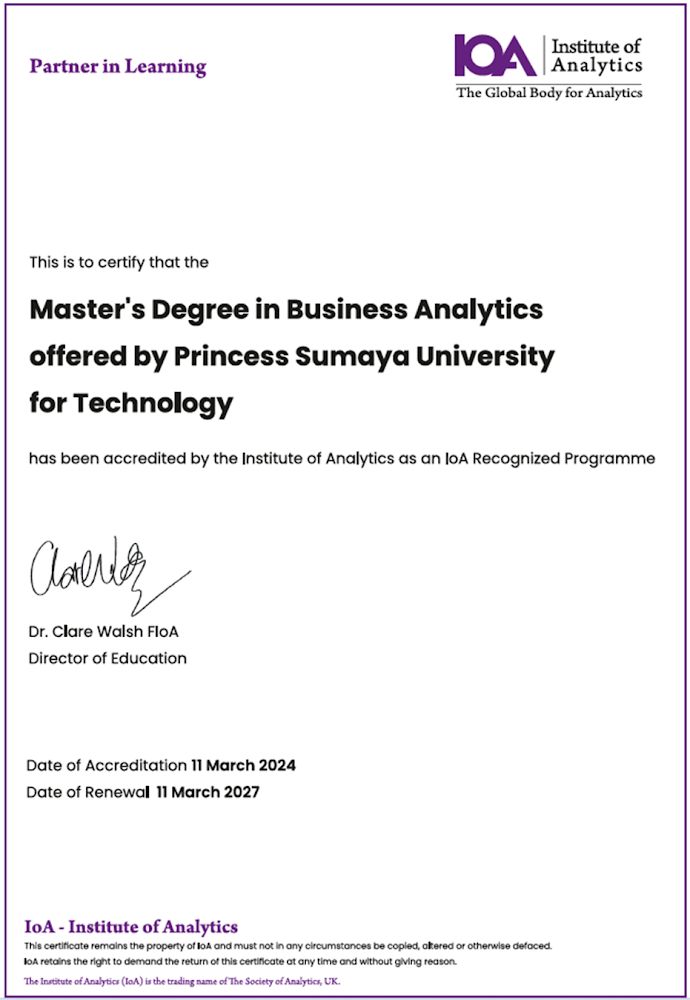 King Talal School of Business Technology at Princess Sumaya University Earns  International Accreditations for All Offered Specializations